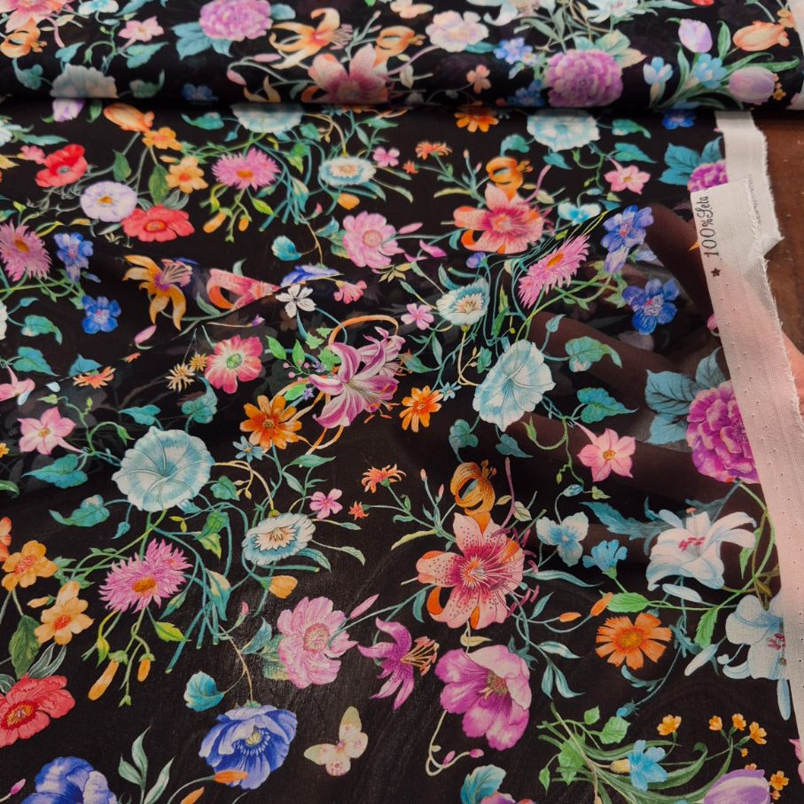 CHIFFON DI SETA FLORA NERO